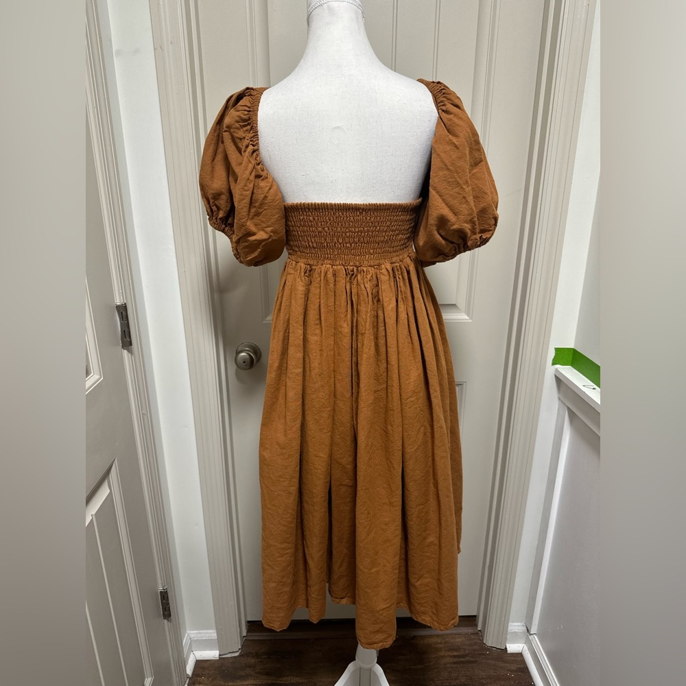 ELF 100% linen Brown Puff Sleeve Midi Dress - Picture 4 of 5